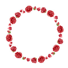 Red roses wreath with flowers, buds and petals. Floral template for postcards, posters, banners. Watercolor clipart on white background.