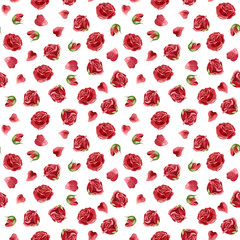 Red roses seamless pattern. Flowers, buds and rose petals. Floral background in vintage style. Watercolor clipart.