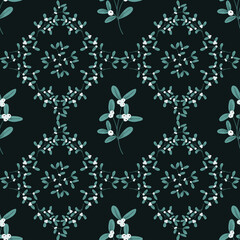 Mistletoe, viscum branches with oblong leaves and berries vector seamless pattern. Christmas, New Year holiday winter floral background for greeting cards, wallpapers, gift paper, web page.