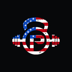 Retro Style Letter P Logo American Design With barbell and kettlebell | USA Fitness Gym Logo | American Flag Gym Design