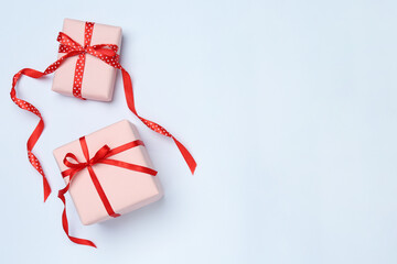 Beautiful gift boxes on white background, top view
