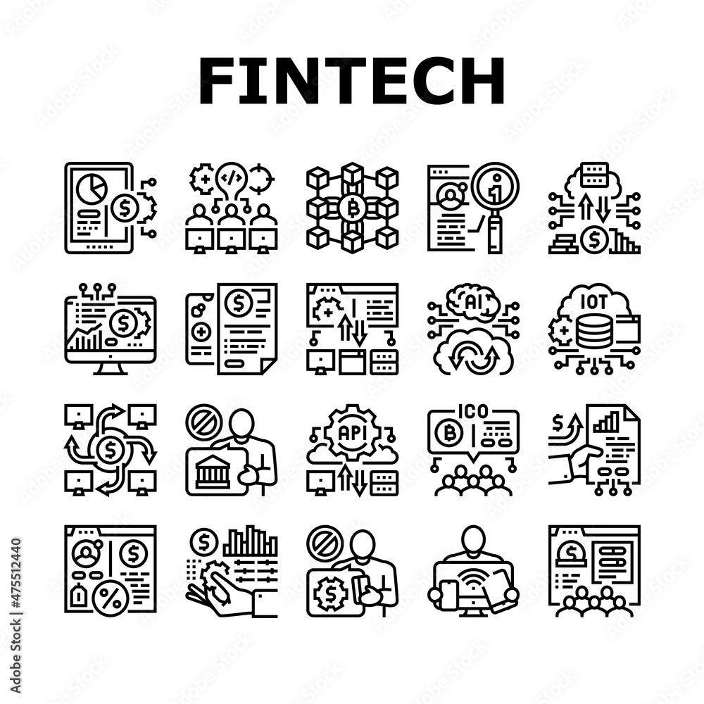 Poster fintech financial technology icons set vector. hackathon fintech development and blockchain, crowdfu