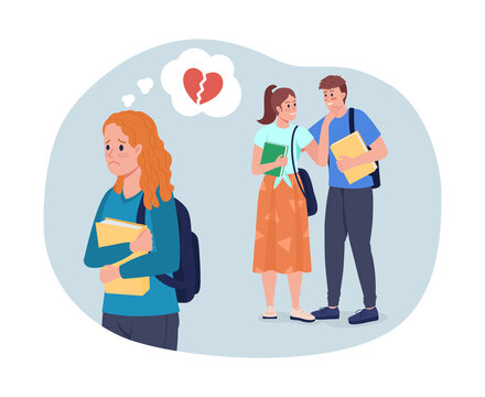 Teenage Heartbreak 2D Vector Isolated Illustration. Failed Love Confession. Rejected Schoolgirl And Happy Couple Flat Characters On Cartoon Background. High School Relationship Colourful Scene