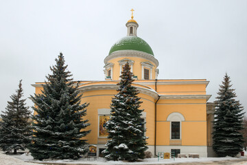 Fototapeta na wymiar Moscow, Russia - January 7, 2021: The Cathedral of the Life-Giving Trinity in the Danilov monastery and in a winter day