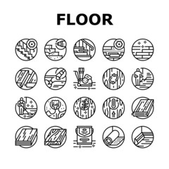 Hardwood Floor And Stair Renovate Icons Set Vector. Hardwood Floor Restoration And Installation, Parquet Varnish And Plinth Line. Cleaning And Repairing Service Black Contour Illustrations