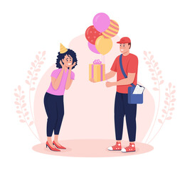 Birthday present delivery 2D vector isolated illustration. Anniversary gift. Courier with happy customer flat characters on cartoon background. Express order shipment colourful scene