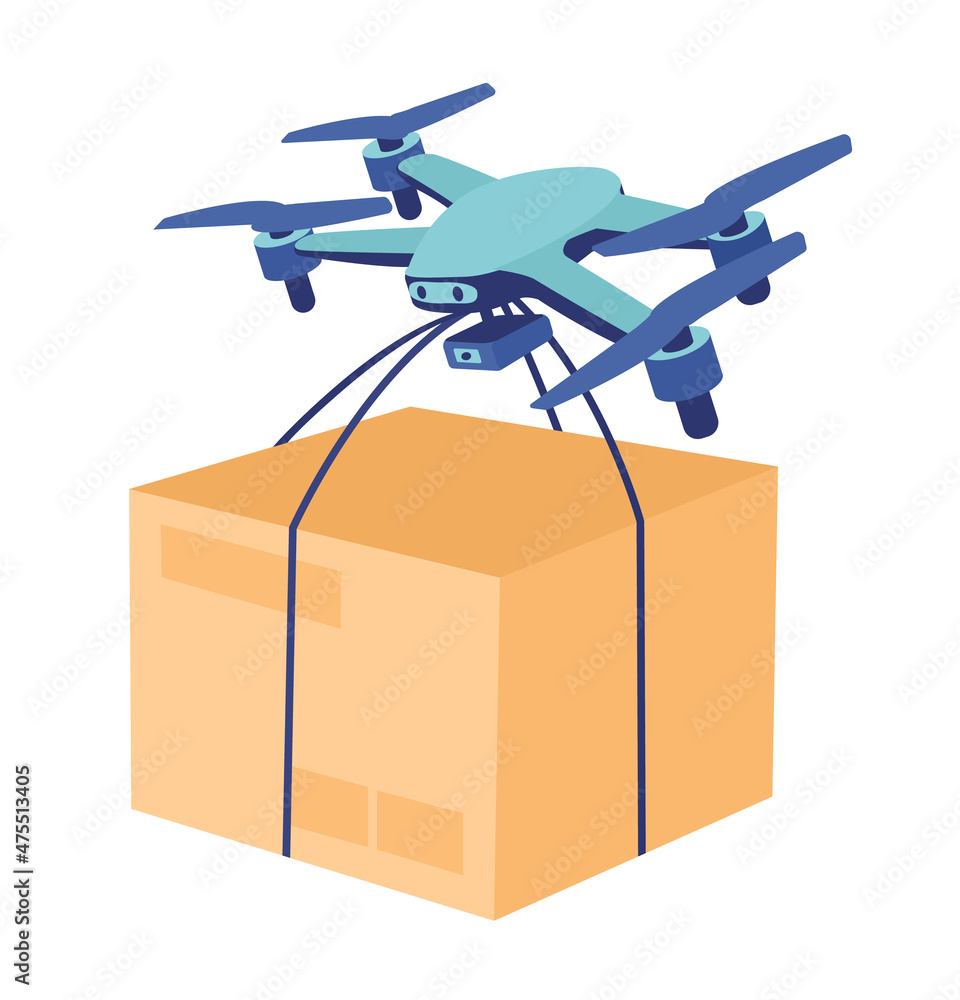 Aufkleber drone with box delivery semi flat color vector item. realistic object on white. order shipment. auto