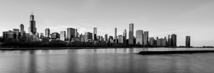 Panoramic grayscale shot of the Chicago skyline. Illinois, United States.