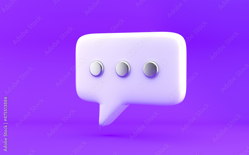 Poster chat message bubble icon with dots. modern design, 3d rendering. bright violet purple background.