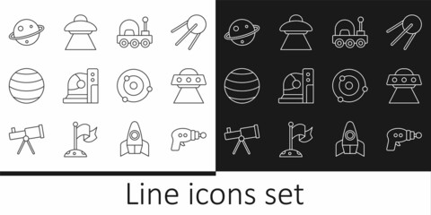 Set line Ray gun, UFO flying spaceship, Mars rover, Astronaut helmet, Planet, Saturn, Solar system and icon. Vector