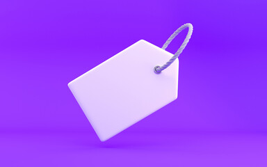 Shopping tag with rope. Modern design, 3d rendering. Bright violet purple background.