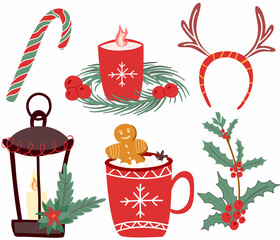 Christmas decor set withcocoa cup lantern with candle lollipop. Vector illustration
