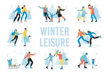 Winter leisure vector scene set. Happy family skater having fun outdoors on wintertime holidays vacation