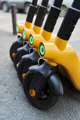 Electric scooters for rental . Vehicle rent service background. Electric kick scooters for transportation