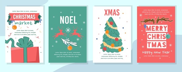 Fototapeta na wymiar Christmas market, noel invitation, xmas greeting flyer or card template set vector illustration