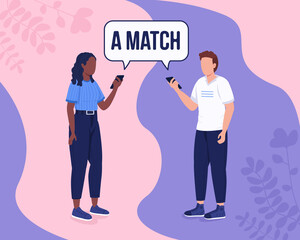 Finding perfect match online flat color vector illustration. New couple. Single girl and boy looking for romantic relationships 2D cartoon characters with abstract space on background