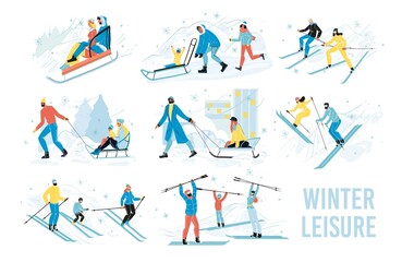 Winter leisure holiday outdoor activities vector scene set. Happy people enjoy skiing, sledding in snowy park on christmas vacation