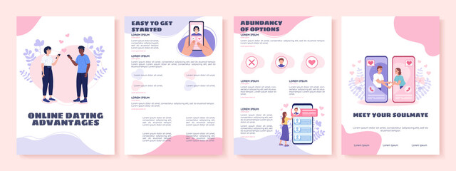 Fototapeta na wymiar Online dating advantages flat vector brochure template. Flyer, booklet, printable leaflet design with flat illustrations. Magazine page, cartoon reports, infographic posters with text space