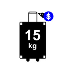 Suitcase on wheels with tag sign. Fifteen kilos for an additional dollar price. illustration