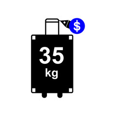 Suitcase on wheels with tag sign. Thirty five kilos for an additional dollar price. illustration