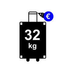 Suitcase on wheels with tag sign. Thirty two kilograms for an additional price in euros. illustration