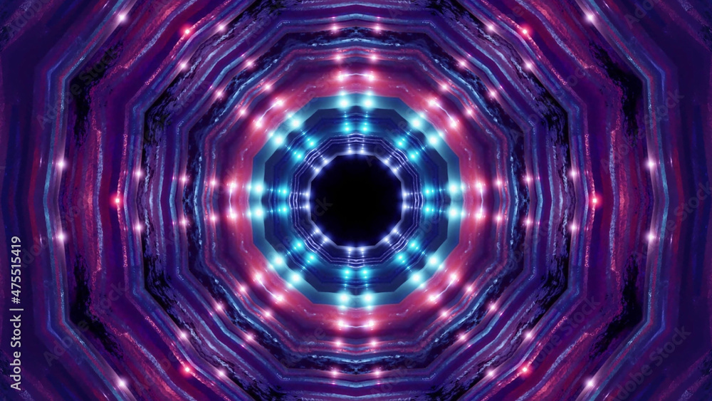 Poster 3d rendering of a kaleidoscope hallway towards a portal with colorful neon lights
