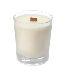 Aromatic soy candle with wooden wick isolated on white