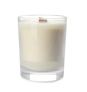 Aromatic soy candle with wooden wick isolated on white