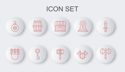 Set line Medieval poleaxe, Quiver with arrows, Chest, shield, Bomb ready to explode, Gun powder barrel, Old key and icon. Vector
