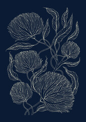 Vector hand drawn pattern background decorative leaves and flowers. Freehand sketching illustration nature painting. Design floret pattern print. Light yellow lines on dark blue background