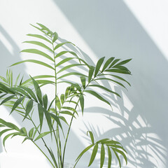 House plant palm tree in a white pot on a white table.