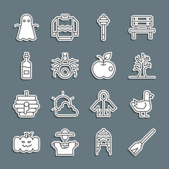 Set line Handle broom, Dove, Bare tree, Honey dipper stick, Spider, Bottle of wine, Ghost and Apple icon. Vector