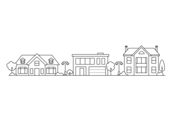 Neighborhood line art suburban house.  Isolated on white background.Outline vector illustration.Residential houses.Suburban village.Cottage buildings facade and street lamps.