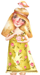 Girl with pink bird and arim of pink peonies by hand drawn in watercolor. Boho stile. A warm tone