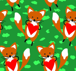 Abstract Hand Drawing Cute Foxes and Hearts Seamless Vector Pattern Isolated Background