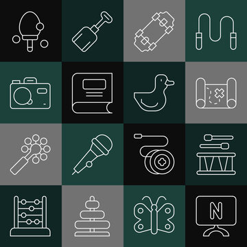 Set line Smart Tv, Drum with drum sticks, Pirate treasure map, Skateboard, Book, Photo camera, Racket and Rubber duck icon. Vector