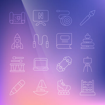 Set line Abacus, Wood easel, Pyramid toy, Yoyo, Jump rope, Rocket ship, Pirate treasure map and Book icon. Vector