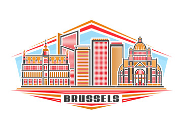 Vector illustration of Brussels, horizontal logo with linear design brussels city scape on day sky background, european urban line art concept with decorative letters for black word brussels on white