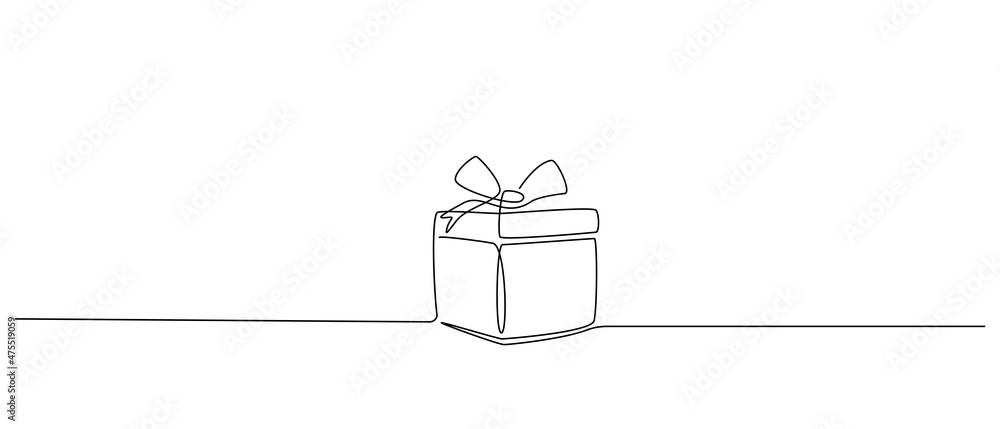Aufkleber One Continuous line drawing of Christmas Gift box with ribbon and bow. Festive present and Wrapped surprise package in simple linear style. Doodle vector illustration
