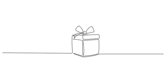 One Continuous line drawing of Christmas Gift box with ribbon and bow. Festive present and Wrapped surprise package in simple linear style. Doodle vector illustration © Olga Rai