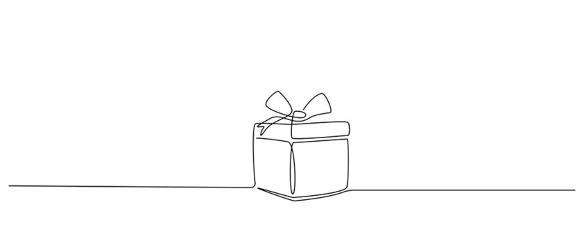 One Continuous line drawing of Christmas Gift box with ribbon and bow. Festive present and Wrapped surprise package in simple linear style. Doodle vector illustration