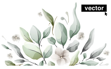 Vector watercolor botanical, leaf, and buds abstract bottom pattern. Herbal composition for wedding or greeting cards.