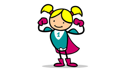 Mädchen im Superheldin Kostüm zeigt Muskeln