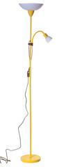 yellow uplighter torchiere floor lamp with white shade and small reading light isolated on white...