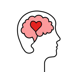 Head and brain outline with heart concept. illustration in flat design with shadow on light transparent background.