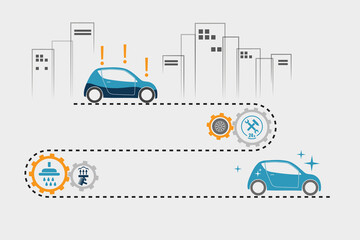 Conceptual illustration of washing and repairing a car in the city. Car services.