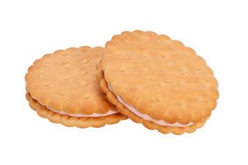 two round cookies with holes and pink filling isolated on white background