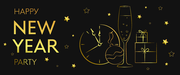 Fototapeta na wymiar Happy new year 2022 illustration with gold, glasses of champagne and a clock. Gold sequin, vector banner