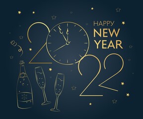Happy new year 2022 golden numbers typography greeting card design on dark background. Christmas invitation poster with golden glittering number