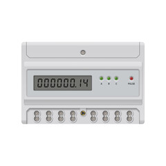 Realistic electricity meter with open bottom panel. Electricity meter on white background. Vector illustration.